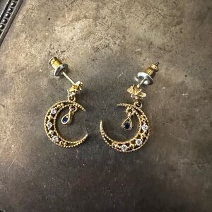 Gold and Blue Crescent Moon Earrings